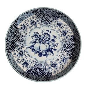 Vintage Daher Decorated Ware Serving Tray 12” Round Tin Blue Peaches